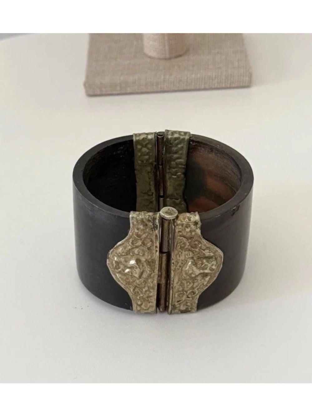 Vintage Horn & Brass Bracelet Hinged Rustic Statement